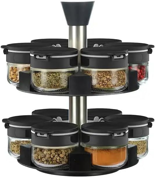 360 rotating 2 tier 12 jars spice rack (12 spice jars) Revolving Seasoning Organizer. Spinning Spice Rack for Counter top and Cabinet