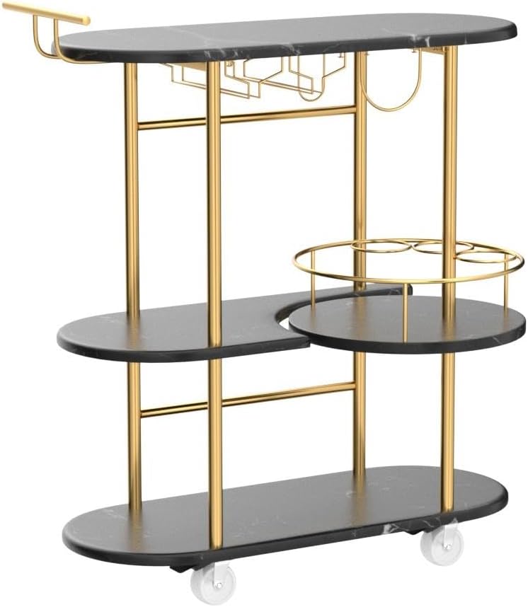 Black Bar Carts with 4-Tier Storage Shelves, Mobile Bar Serving Cart with Wine Rack and Glass Holder, for The Home, Kitchen, Living Room, Dining Room