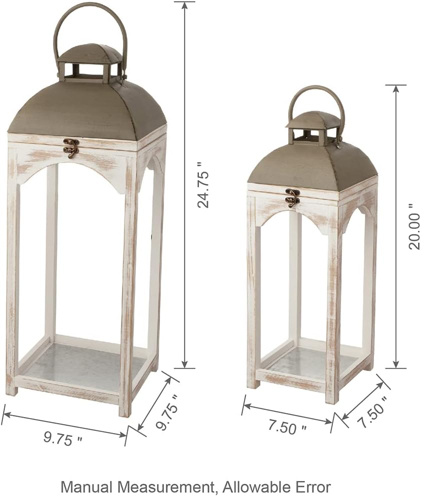 Glitzhome Set of 2 Mondern Farmhouse Wood Metal Lanterns Decorative Candle Lanterns, White (No Glass)