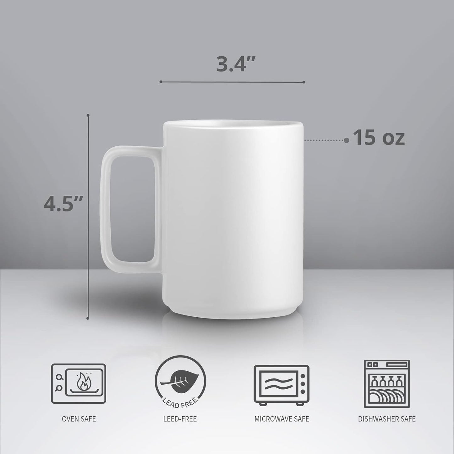 E-liu Porcelain Tea Mugs Coffee Mug Set, Large 15 Ounces Cups for Coffee, Tea, Cocoa, and Mulled Drinks, Set of 6, White