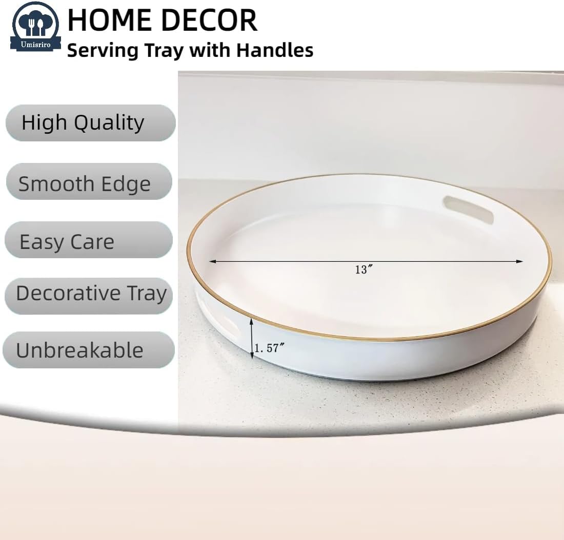 13" Round Decorative Tray, White Serving Tray with Handles, Plastic Coffee Table Tray for Ottoman, Living Room, Bathroom, Décor.
