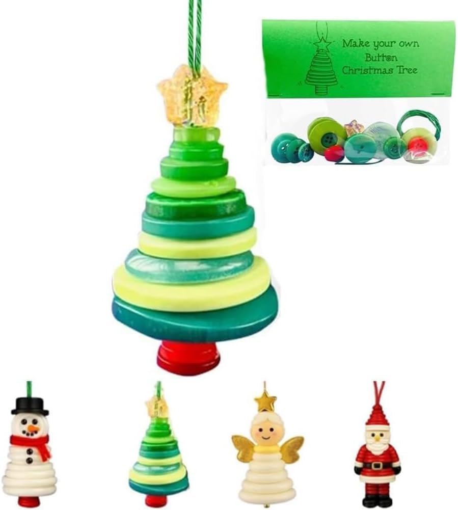 4pcs Button Christmas Tree Ornament Kits, Fun Holiday Decorations for All Ages, DIY Craft Buttons Kit with Christmas Snowman/Santa/Angel, Gifts for Xmas Tree Hanging Decorations (Christmas Tree)