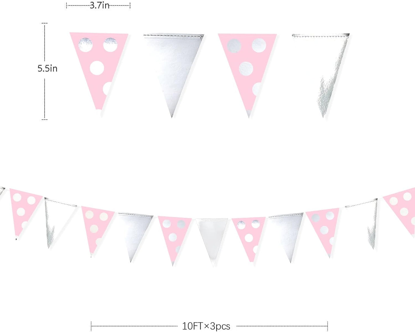 30 Ft Silver Pink Polka Dot Pennant Banner Blush Paper Circle Dot Triangle Flags Bunting Garland for Baby Shower Bridal Shower Wedding Bachelorette Christmas Holiday Girls Birthday Party Decorations