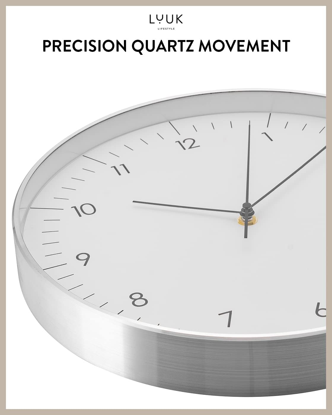 LUUK LIFESTYLE Modern Wall Clock Without Ticking, Pure Minimalist Design, legible Digits, Home Decor for Living Room, Office, in White and Silver