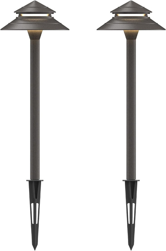 GOODSMANN Pathway Lights 3W LED 2PK Outdoor Low Voltage Landscape Lighting 180 Lumen Hardwired 2 Tier Pagoda Path Lights 3000K Warm White Metal 12V Electric Sidewalk Walkway Light with Connectors