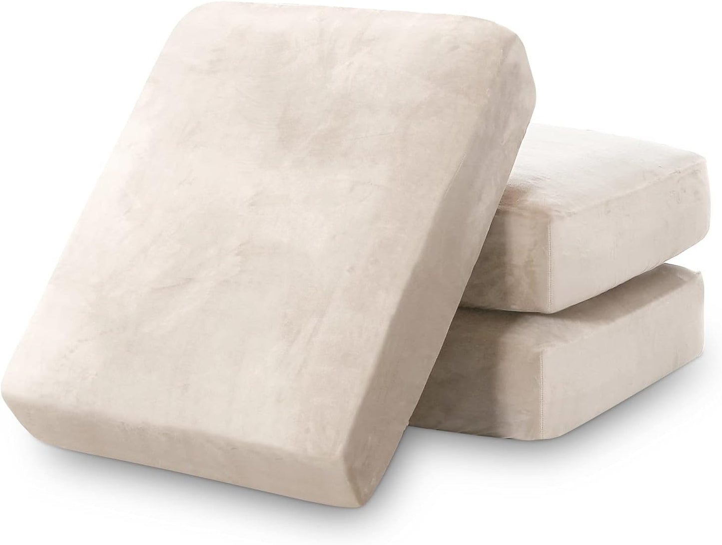 PrinceDeco Stretch Sofa Cushion Covers for Couches and Sofas,Soft Velvet Couch Seat Covers, Sofa Covers Washable, Seat Cushion Cover for 3 Couch Sofa Pet Friendly - Ivory, Each Width Up to 29.5"