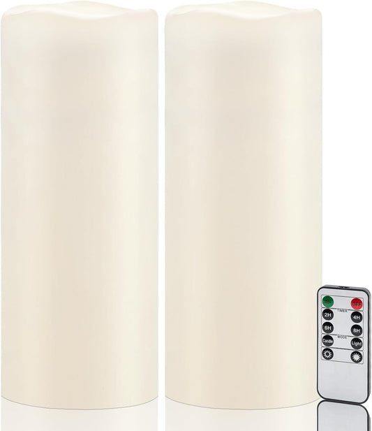 Amagic 2 Pack 10" x 4" Outdoor Plastic Electric flameless Candles with Remote Control and Timer, Battery Operated Flickering LED Pillar Fake Candle for Home, Wedding Decor, Ivory