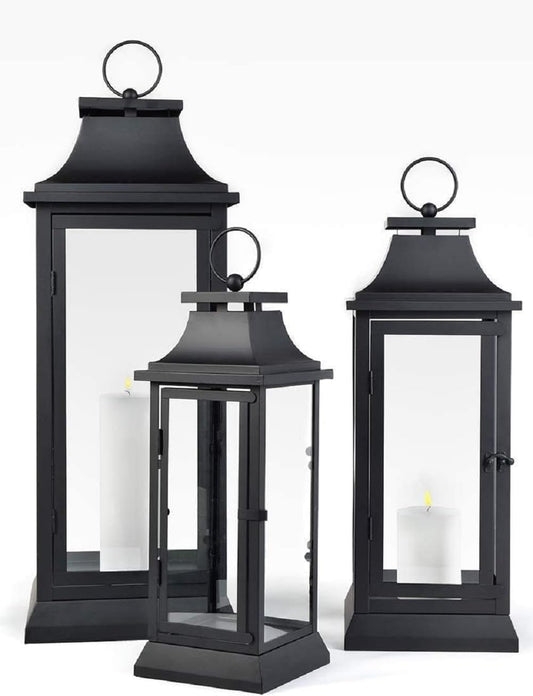 Serene Spaces Living Black Hurricane Lanterns with Clear Glass Panels, Perfect for Home Decor, Parties & Events, Table Top Or Hanging Lantern for Indoor & Outdoor, KIT - Small, Medium & Large