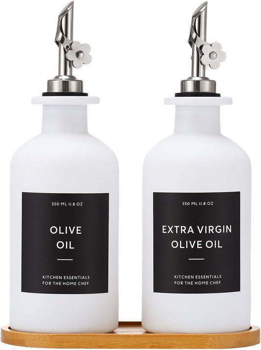 HOMCDALY Olive Oil Dispenser for Kitchen, 11.8oz Glass kitchen Dispenser Bottle, White Oil&Vinegar Cruet Set, Leakproof Oil Bottle for Cooking| Set of 2 (11.8oz – White)