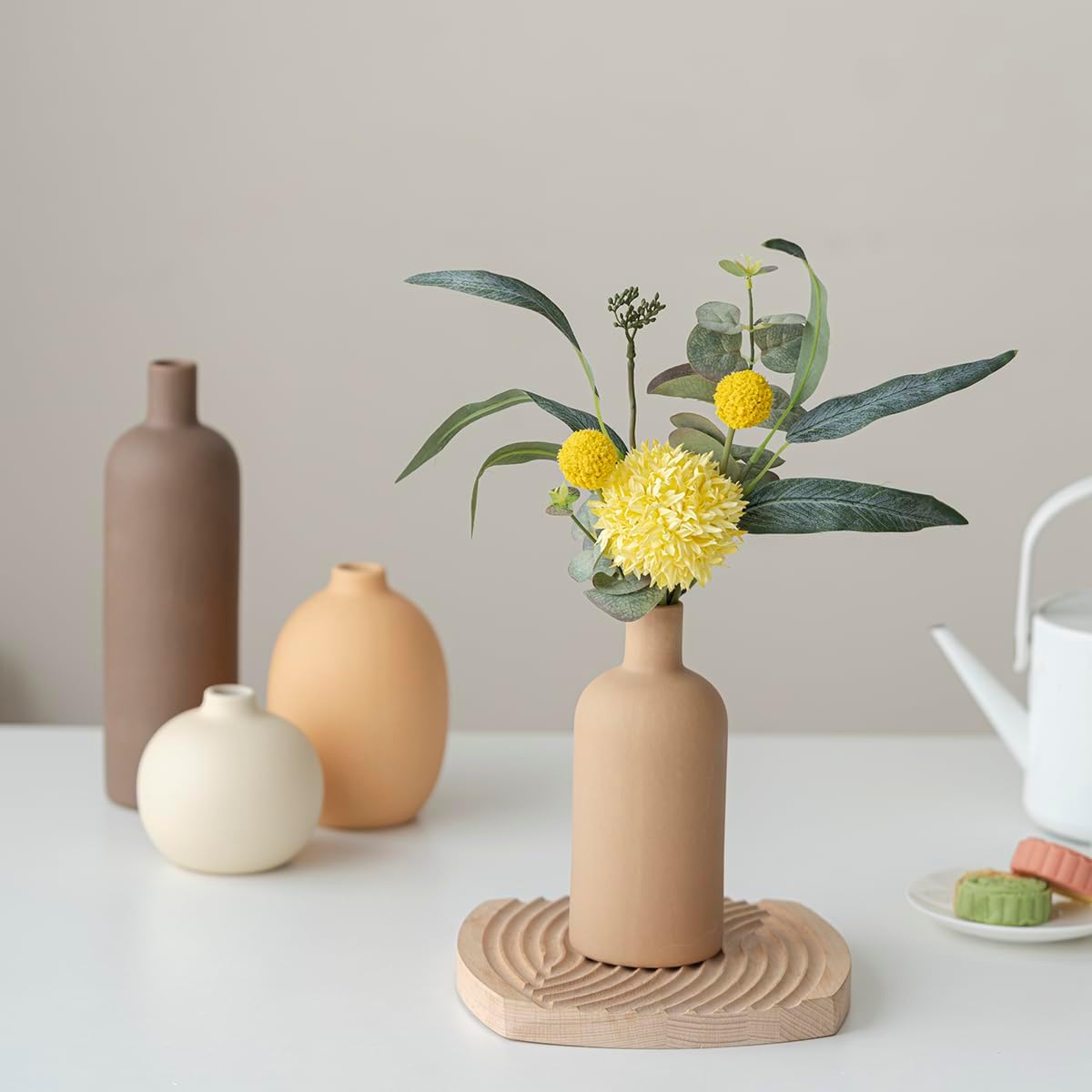 Modern Ceramic Vase Set, Neutral Colors, Decorative Vases for Home Shelf Decor, 4 Piece Collection (Coffee Mix Set 4)