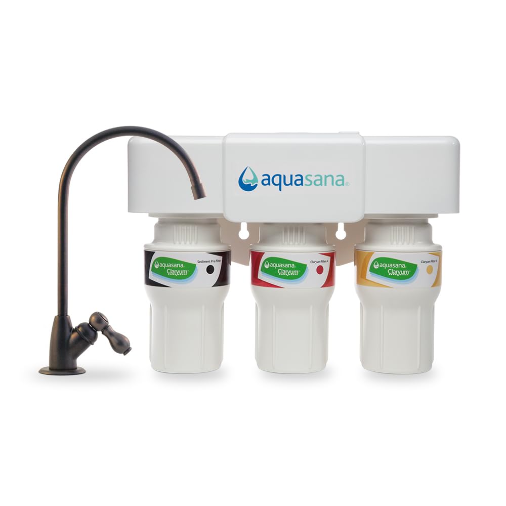 Aquasana Under Sink Water Filter System - Reduces PFAS, Lead, & Chlorine in Drinking Water - Under Counter Claryum Filtration for Kitchen - 3-Stage - Oil-Rubbed Bronze Faucet - AQ-5300.62