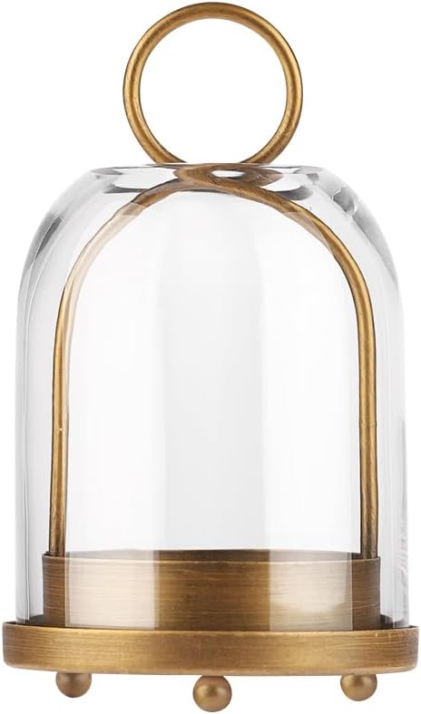 7.5" High Versatile Modern Metal Hurricane Lantern with Handmade Sturdy Glass Dome for 2" Pillar Candle & Plants (Brass, 4" x7.5)