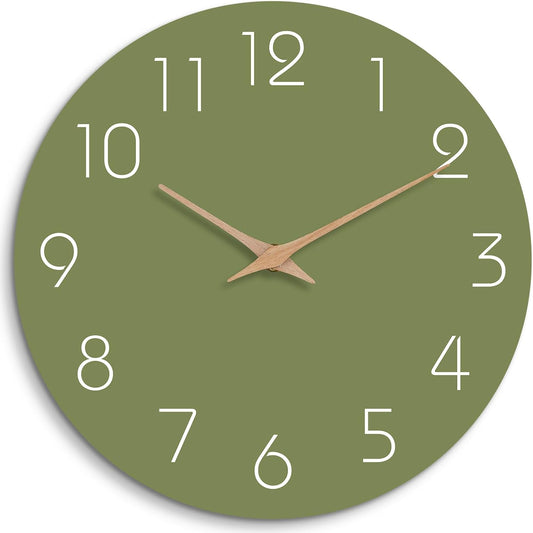 Mosewa Modern Wall Clock Silent Non-Ticking 14 Inch Olive Green Battery Operated Simple Minimalist for Living Room Office Bedrooms Kitchen Home Decor