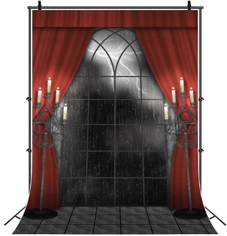 Renaiss 3x5ft Vintage Gothic Window Backdrop Red Curtain Candlestick Black Floor Lightning Stormy Sky Vampire Medieval Castle Photography Background Halloween Dress Up Party Decors Photo Booth Props