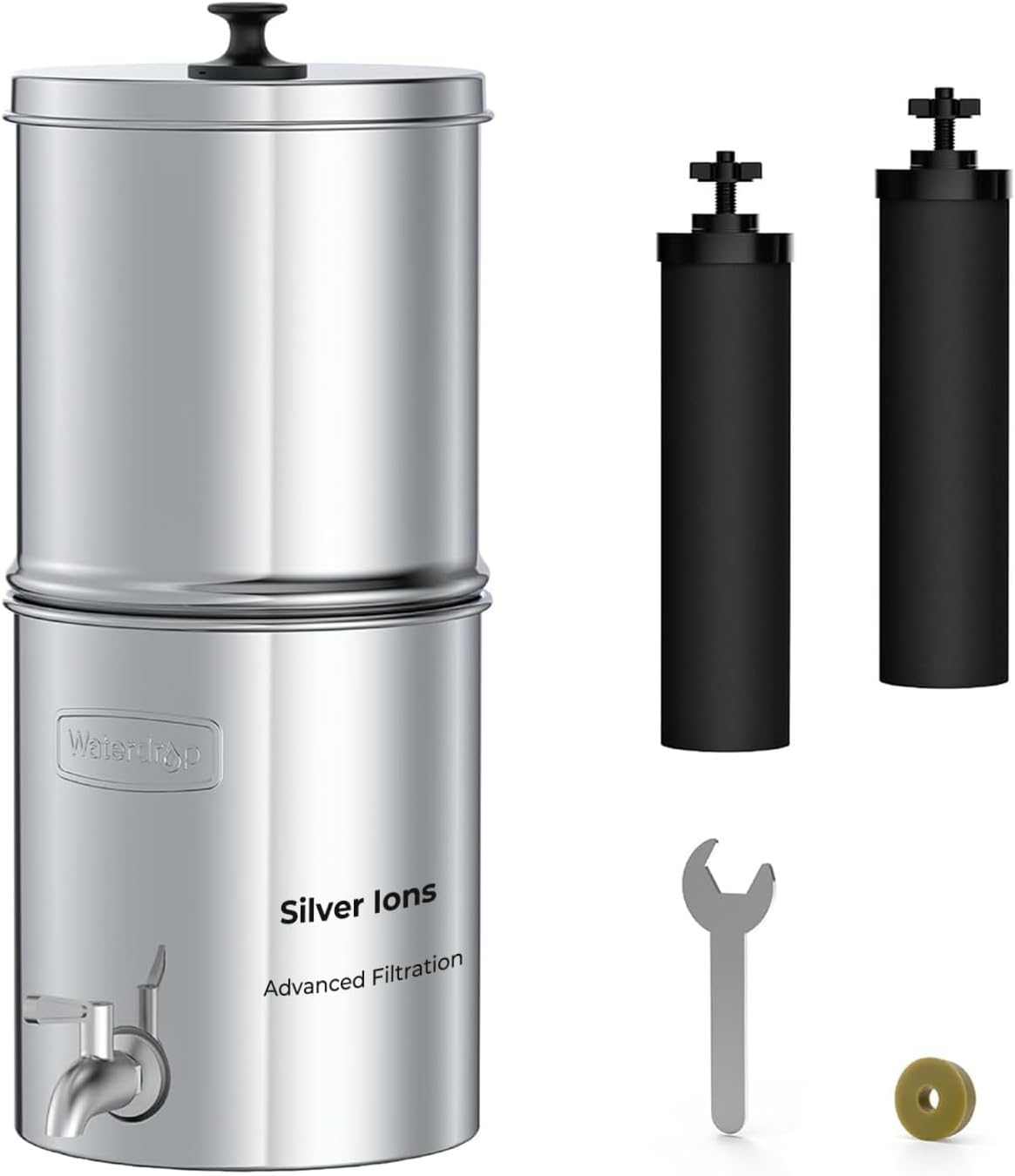 Waterdrop 2.25G Gravity-fed Water Filter System, with Silver Ions Enhanced Filtration with 2 Black Carbon Filters and Metal Spigot