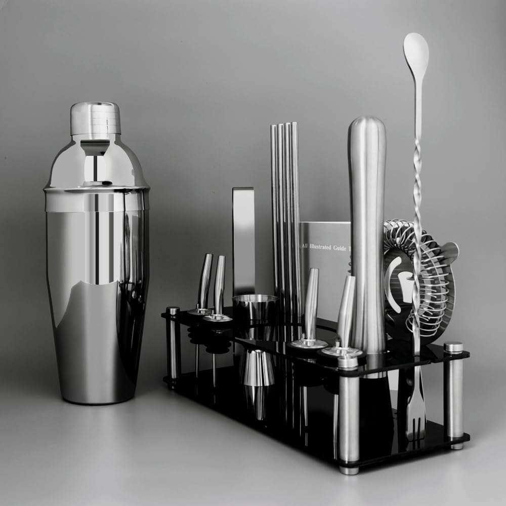14-Piece Cocktail Shaker Set Bartender Kit with Black Stand, Bar Tool Set for Drink Mixing Bartending Kit Bar Sets Accessories: 750ml(25oz) Shaker, Jigger, Muddler, Cocktail Recipes (Silver)