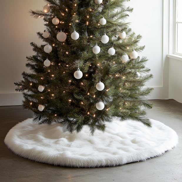 AISENO 24 Inch White Faux Fur Christmas Tree Skirt, Luxury Plush Tree Base Cover for Holiday Party and Home Christmas Decor