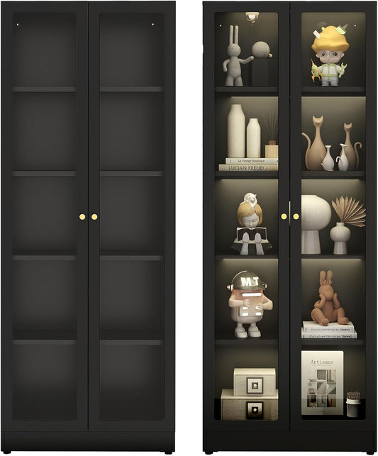 5 Tier Metal Curio Cabinets, Modern Bookshelf Cabinet with 4 Adjustable Shelves, Cabinet Display Case for Home Office, Living Room, Pantry (Black-27.5W)