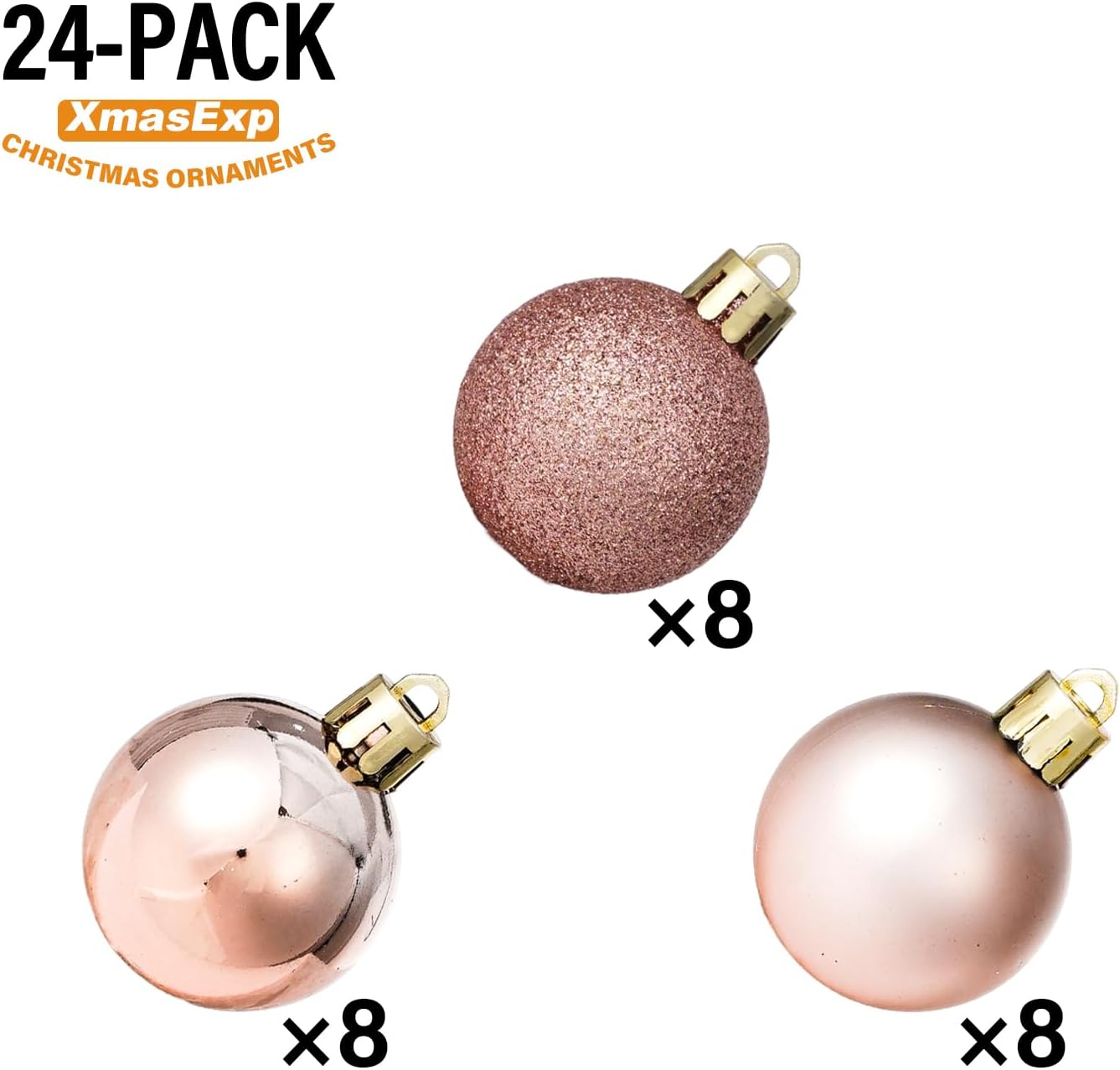 XmasExp 24ct Mini Christmas Ball Ornaments Shatterproof Christmas Ornaments Set Decorations for Xmas Tree Balls 30mm/1.18" (Rose Gold)