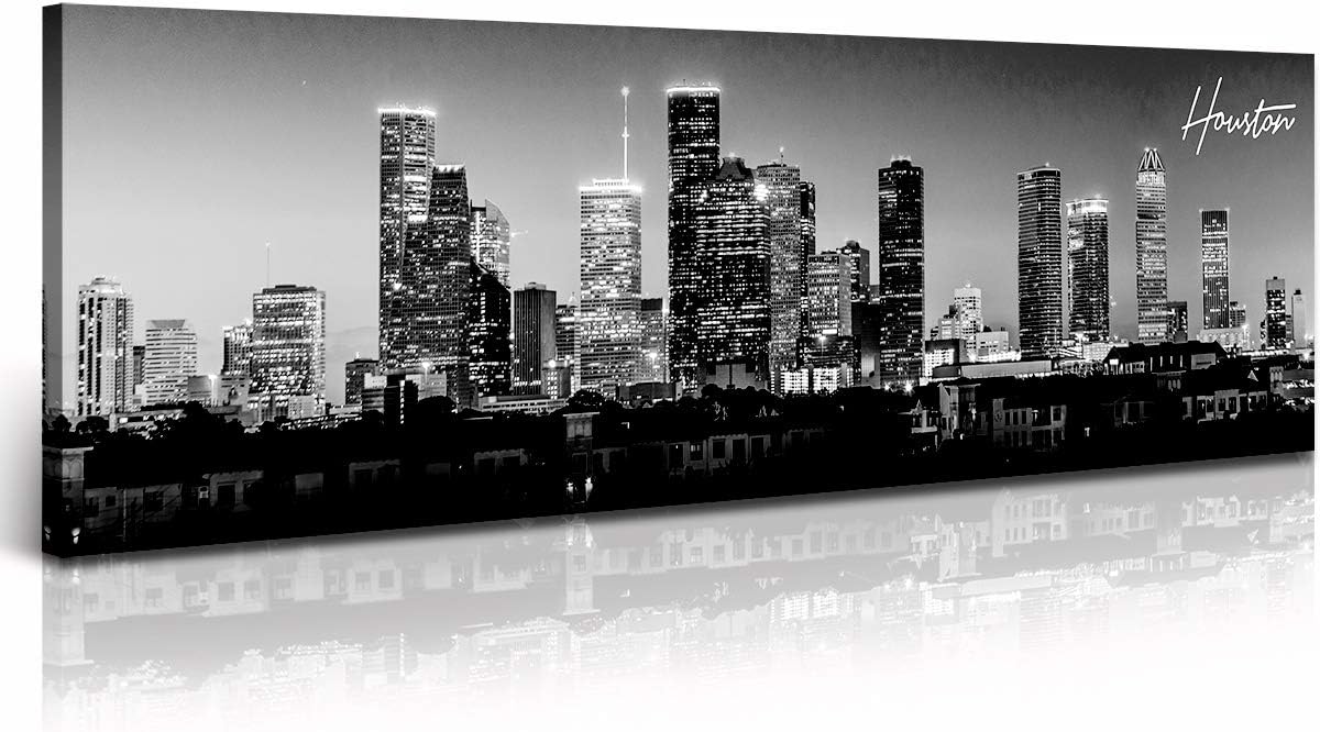 DJSYLIFE Houston Skyline Canvas Wall Art Decor Black & White City Pictures Painting Texas Cityscape Photo Print Artwork for Office Bedroom Living Room Walls Decoration Ready to Hang 13.8"x47.3"