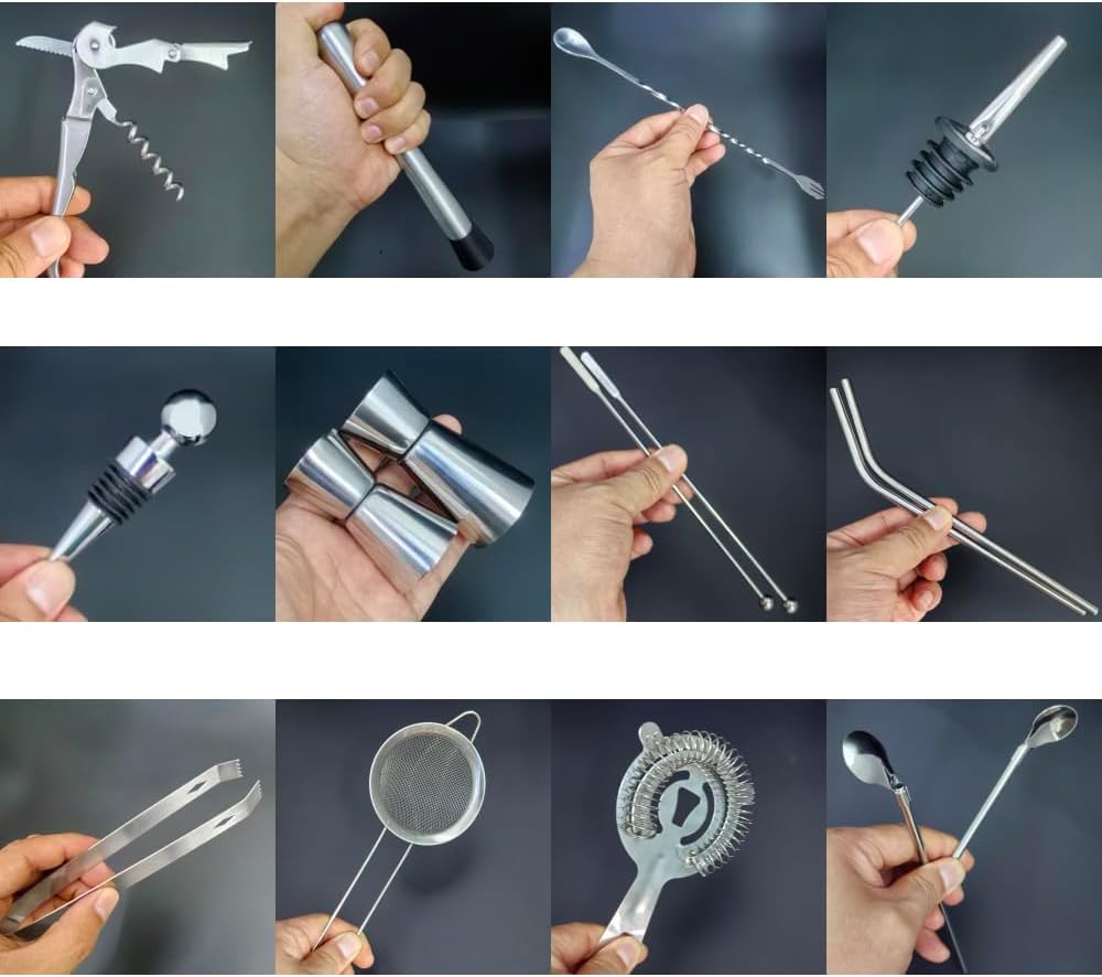 22-Piece Cocktail Shaker Set, 25/20oz Bartender Kit, Bartending Stainless Steel Bar Tools Sets for Drink Mixing, Boston Cocktail Shakers with Stand Recipes Booklet (Black-25-20oz)