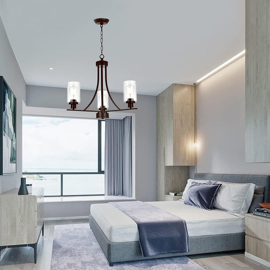 BONLICHT 3 Lights Oil-Rubbed Bronze Traditional Chandelier Rustic Kitchen Island Lighting Fixtures Hanging Clear Glass Cylinder Pendant Lights Classic Ceiling Light for Dining Room Bedroom Foyer