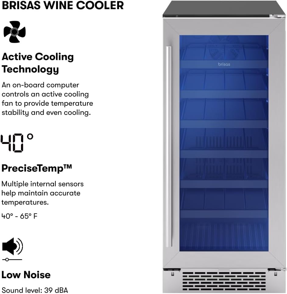 Zephyr Brisas 15 Inch Slim Wine Fridge Single Zone Under Counter - Narrow Mini Wine Cooler Small Cabinet Wine Refrigerator Home Bar Freestanding with Glass Door - 28 x 750ml Bottles