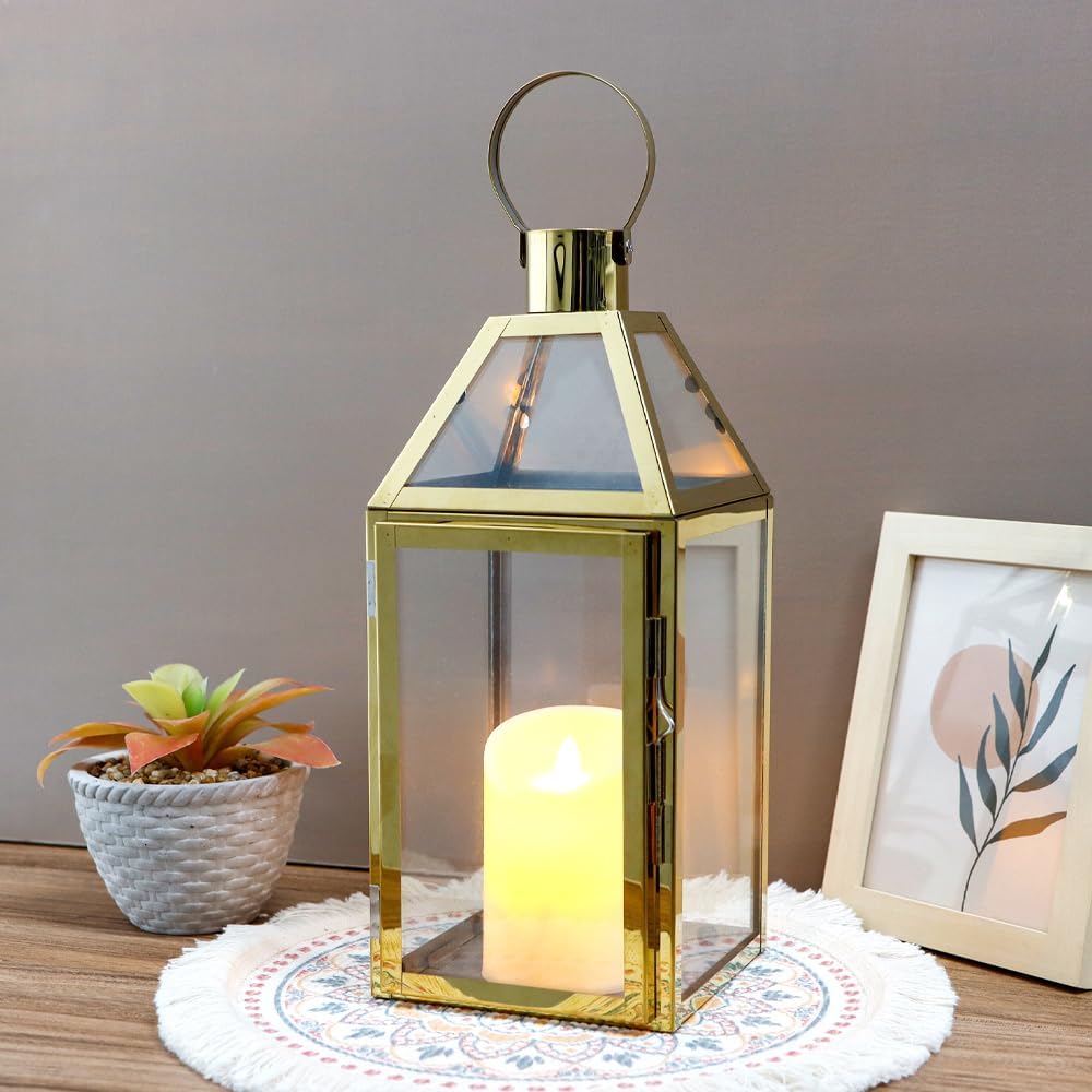 JHY Design Gold Decorative Lanterns 16" H Stainless Steel Candle Lanterns with Tempered Glass for Indoor Outdoor Events Parities and Weddings