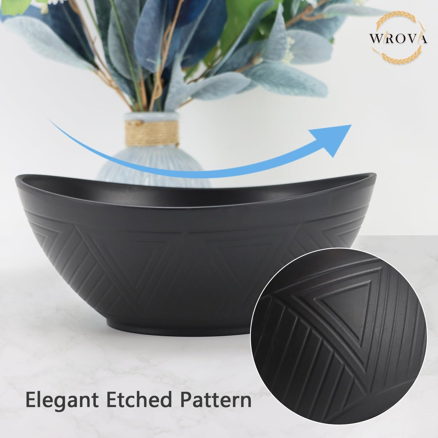 65oz Big Wheat Straw Bowls - Large Salad Bowls set of 6 - Unbreakable Serving Bowls - Microwave & Dishwasher Safe - Oval Bowls for Cereal,Salad,Fruit - Pure Black