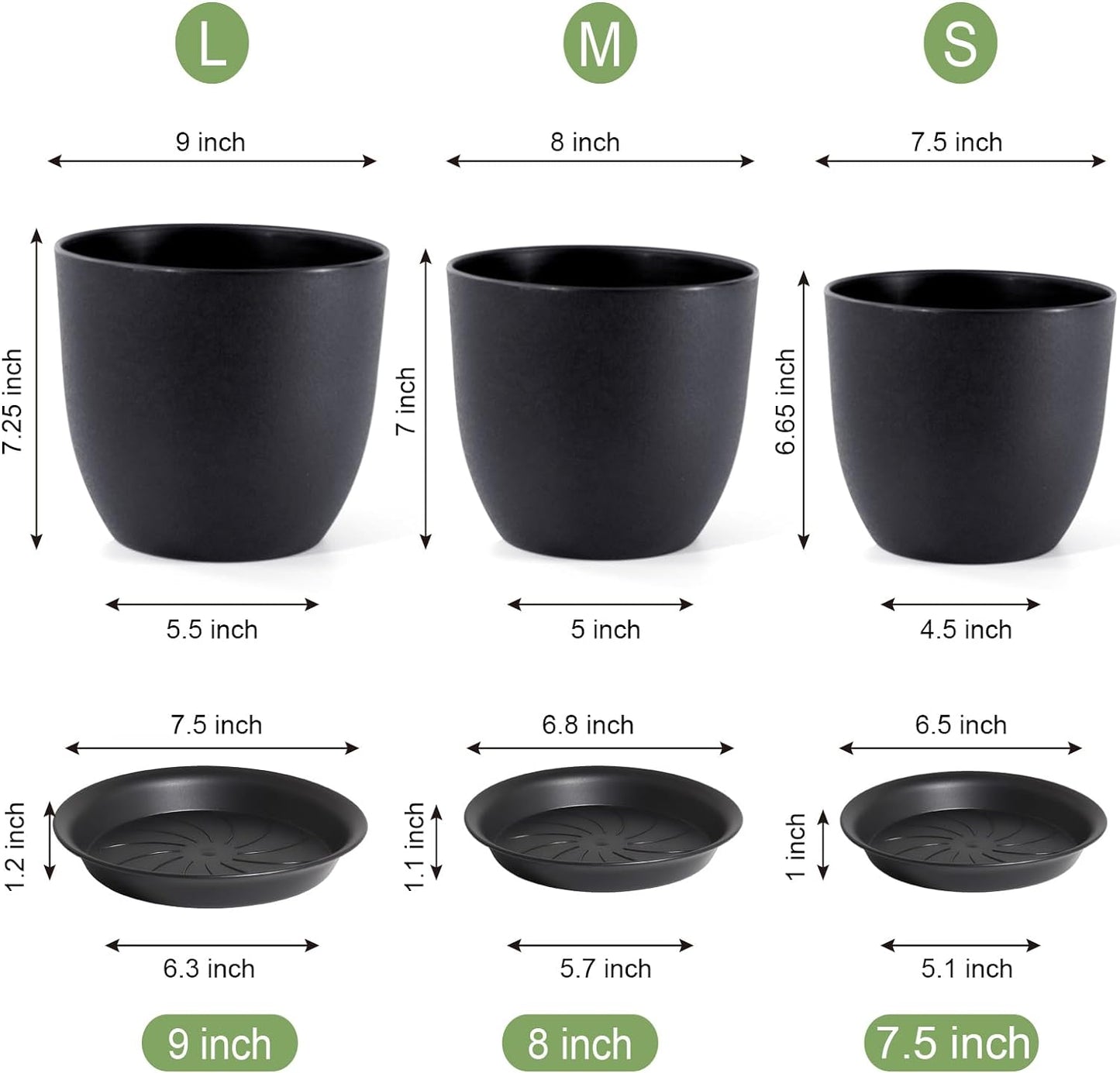 9/8/7.5 inch Plant Pots, Set of 3 Modern Decorative Plastic Planters with Drainage Holes and Tray, Flower Pots for Indoor Outdoor Plants, Black