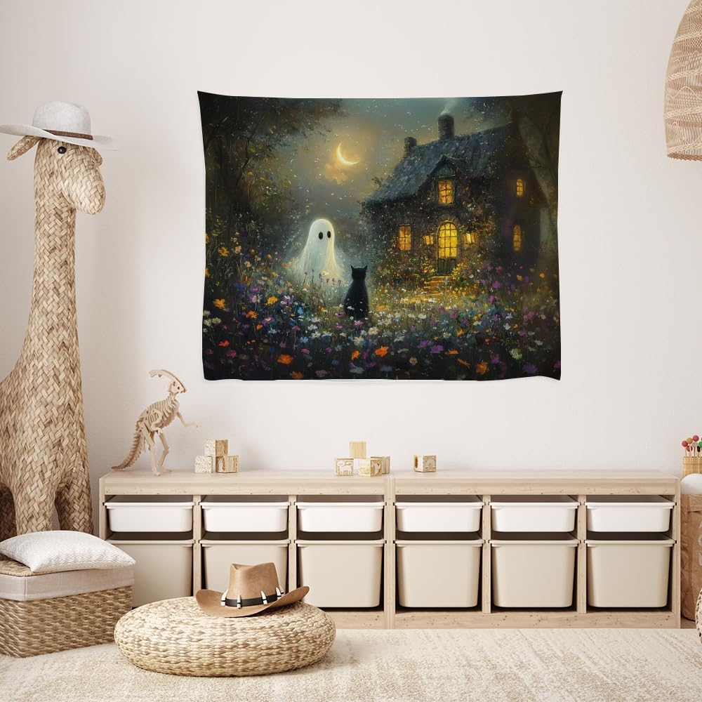 Halloween Black Cat and Ghost Tapestry Wall Hanging for Spooky Cute Bedroom Decor Dark Academia Moon Wildflower Cottage Tapestries Aesthetic for Home Living Room Decoration 40x60inch