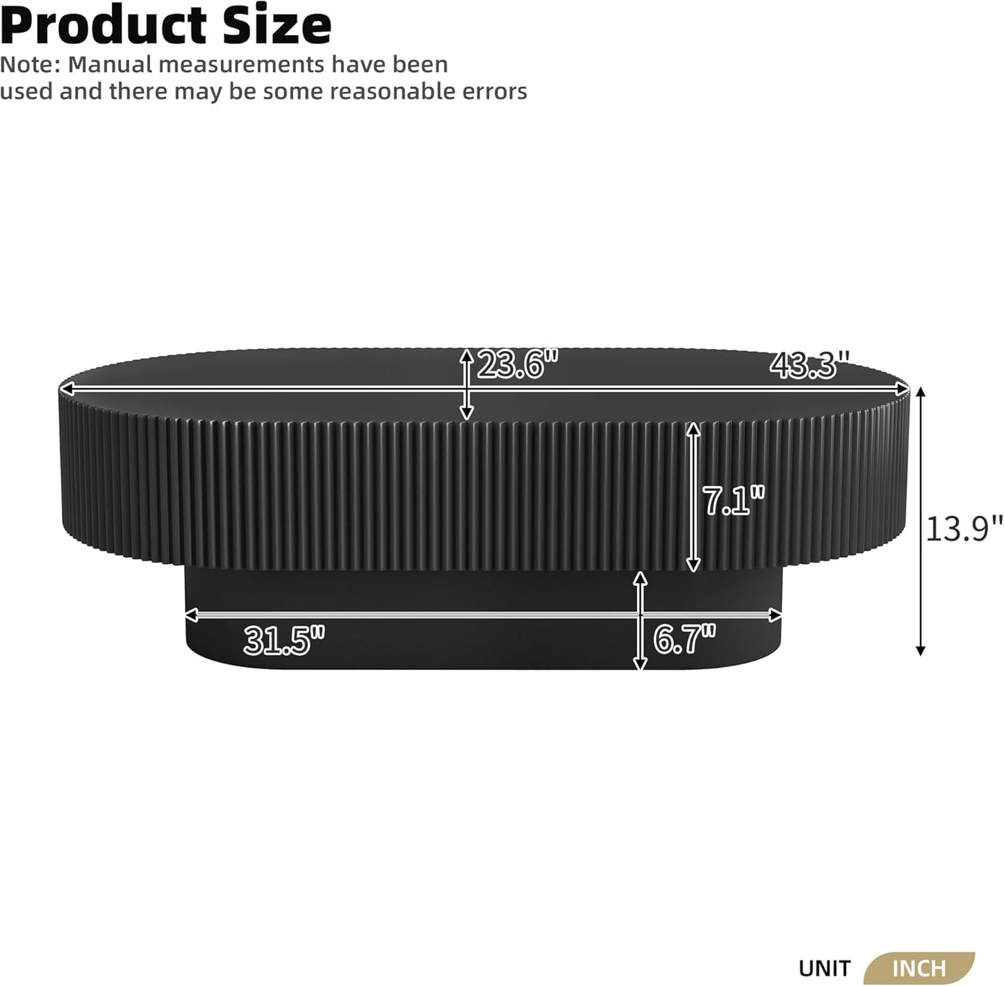 43.3" Oval Fluted Coffee Table Modern Elegant Drum End Table, Minimalist Center Table 7.8" Thick Tabletop with Sturdy Base for Living Room, Bedroom, Apartment,Easy Assembly, Black