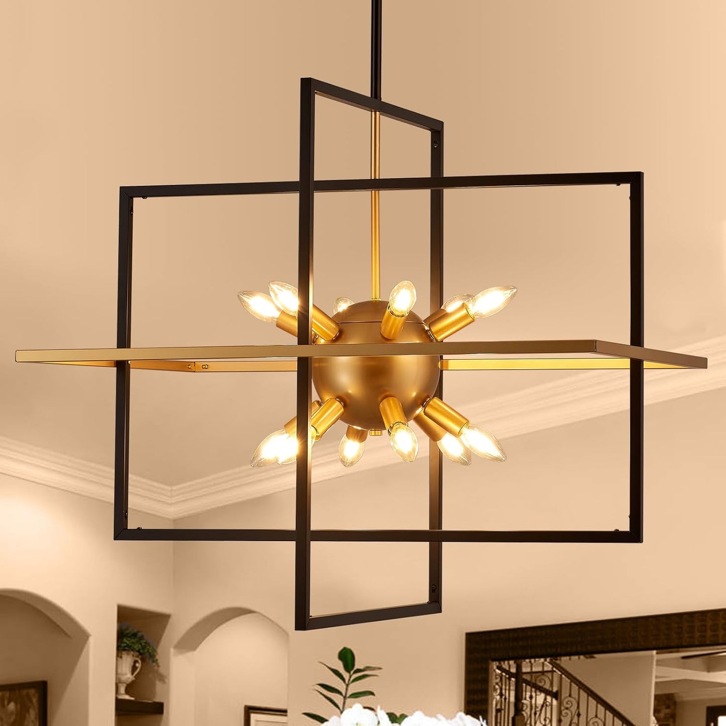 31.5'' Large Modern Lantern Chandeliers, 12-Light Black Gold Geometric Pendant Light Fixture, Industrial Hanging Chandelier for Entryway Foyer Hallway Dining Room, Kitchen Island