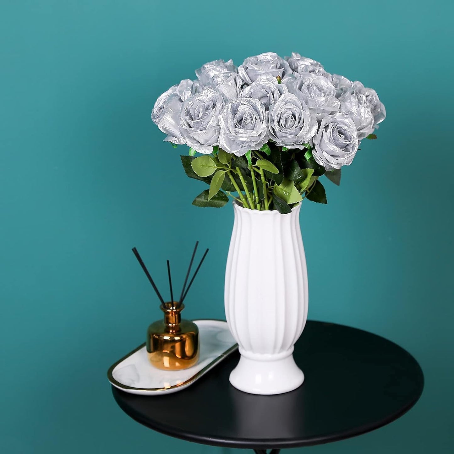 Silver Fake Roses Artificial Flowers - 10 Pcs Fake Artificial Roses Silk Flowers with Stems for Home Wedding Hotel Office Centerpiece Decor