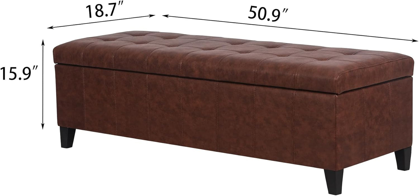 Joveco 51 Inch Storage Ottoman Bench,Tufted Leather Storage Bench for Bedroom (51”,Brown)