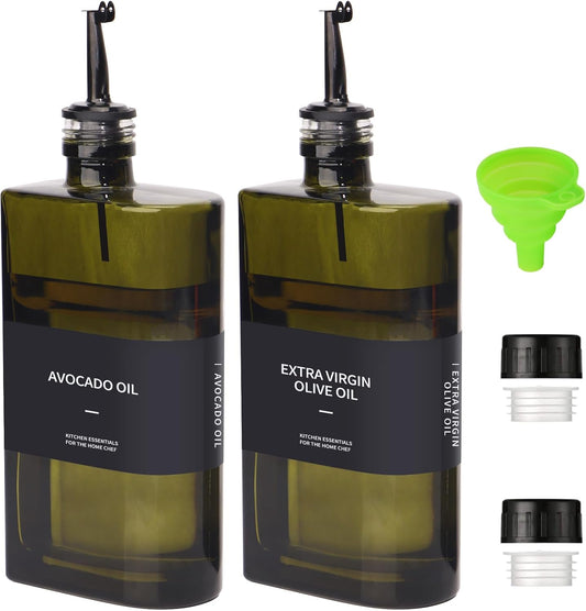 Glass Multi-Purpose Kitchen Dispenser Set | Universal for Olive Oil, Vinegar, Soy Sauce, and Syrup with Stainless Steel Pourers,2-Pack Dark Green,Avoid Sunlight