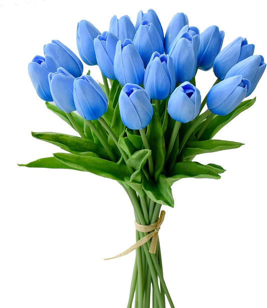 Mandy's Artificial Tulips 20 Stems Light Blue PU Faux Flowers for Wedding Home Decor 13.5 Inch