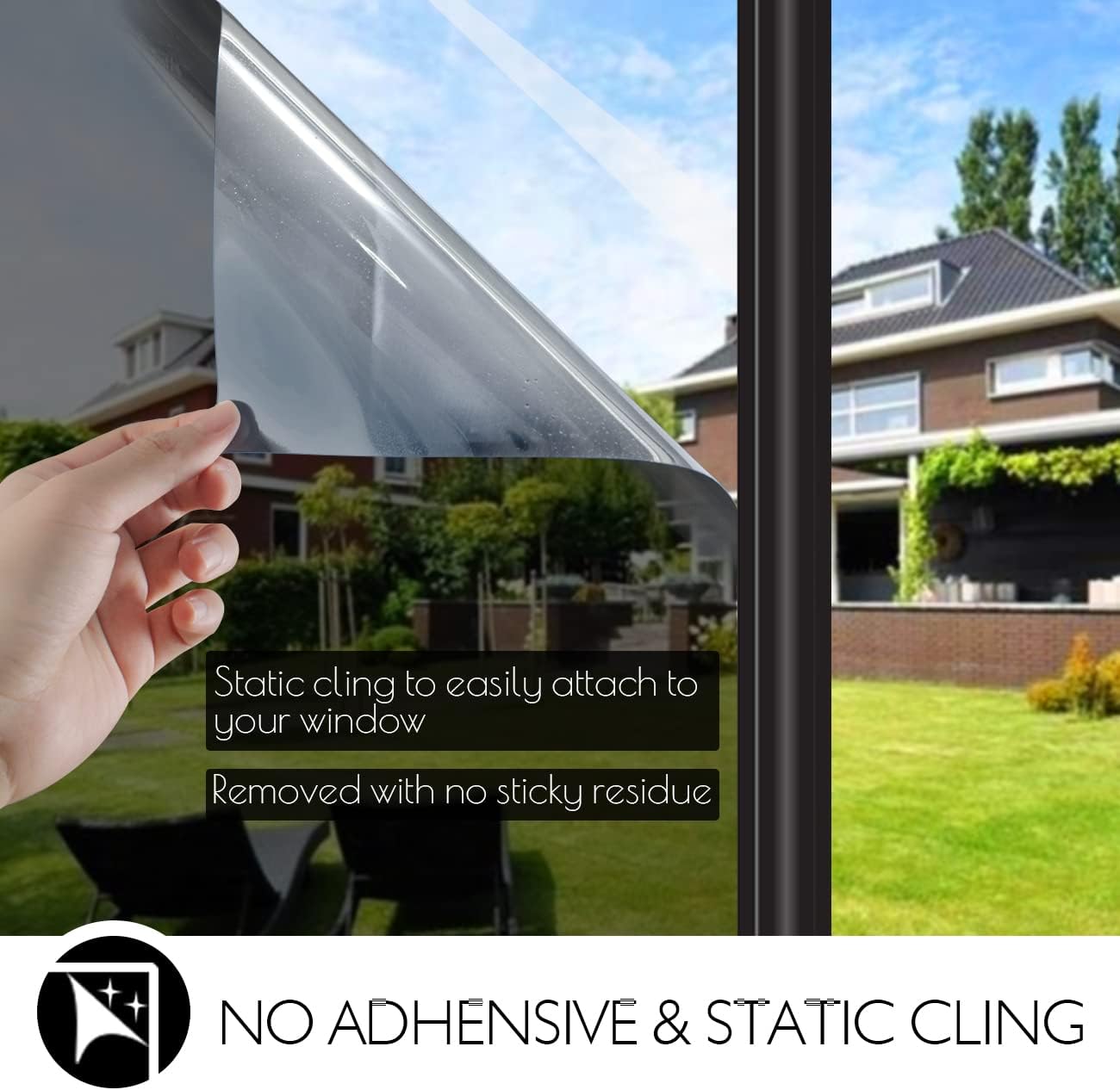 HIDBEA One Way Privacy Window Film, Daytime Mirror Reflective Heat Control UV Sun Blocking Non-Adhesive Static Cling Window Tint for Home and Office(Black-Silver, 45.2 Inch x 19.6 Feet)