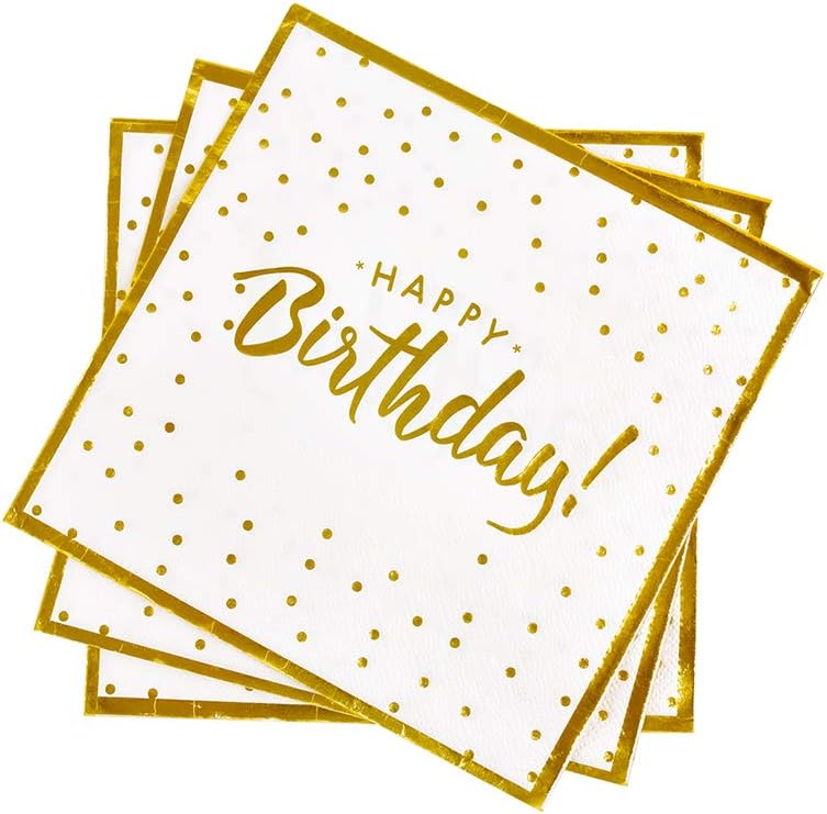 Gatherfun Birthday Party Supplies Napkins Disposable Paper Napkins with Gold Stamping for Adults and Kids Birthday Party（6.5X6.5 in, 3-Ply, 50-Pack)
