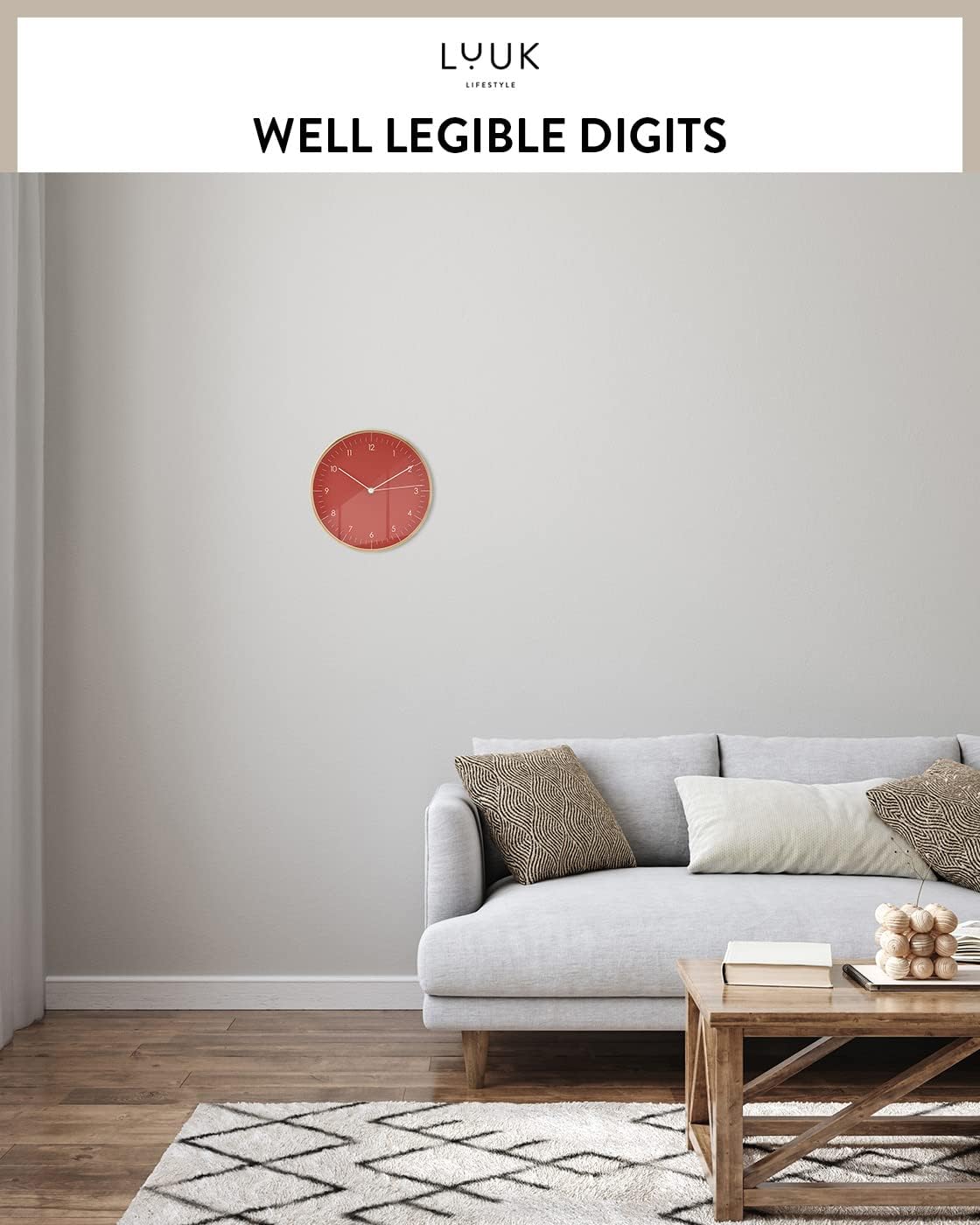 LUUK LIFESTYLE Modern Wall Clock with Silent Quartz Movement, Stylish and Elegant, for Living Room, Bedroom, Dining Room, red and Gold