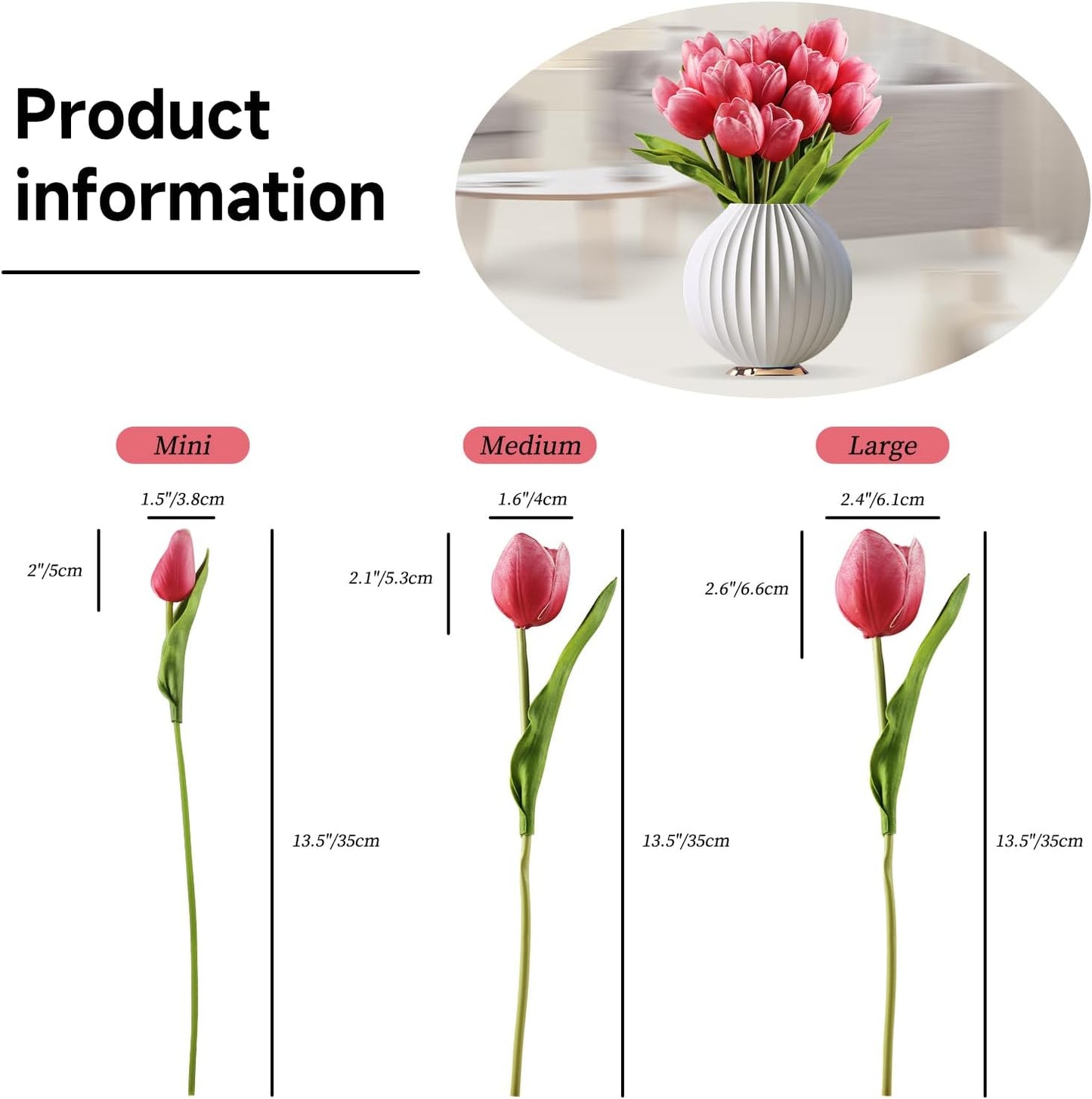 Buart Artificial Tulip in Bulk for Home Kitchen Wedding Bridal Bouquet,Fake Flowers for Mother's Day Easter Table Centerpieces Decorations(Large Size,Hot Pink,Real-Touch,12pcs)