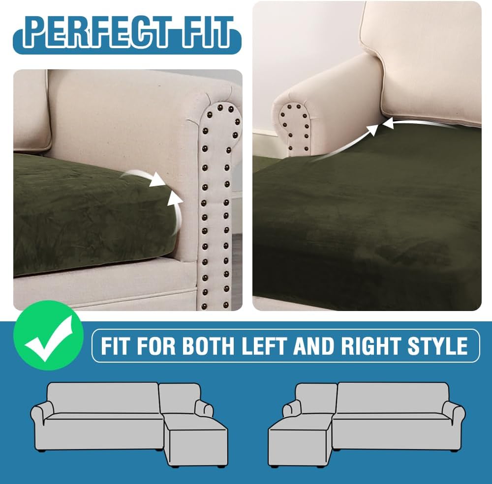 H.VERSAILTEX Velvet Stretch Sectional Couch Covers 3 Pieces Sofa Seat Cushion Covers L Shape Separate Couch Cover for Both Left/Right Sectional Couch (Large Sofa 2 Seater + 1 Chaise, Olive)