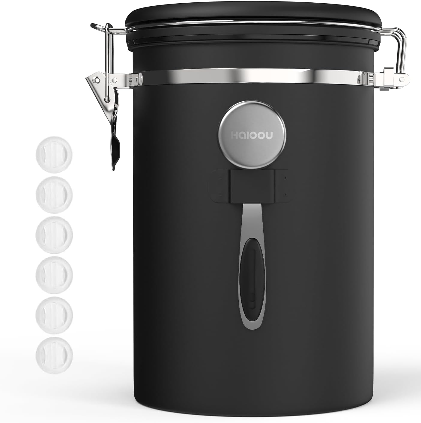 HAIOOU Large Coffee Canister, 38OZ Oversized Stainless Steel Coffee Bean Storage Container with Date Tracker, Measuring Scoop, CO2 Releasing Valves for Beans, Grounds and more - Black