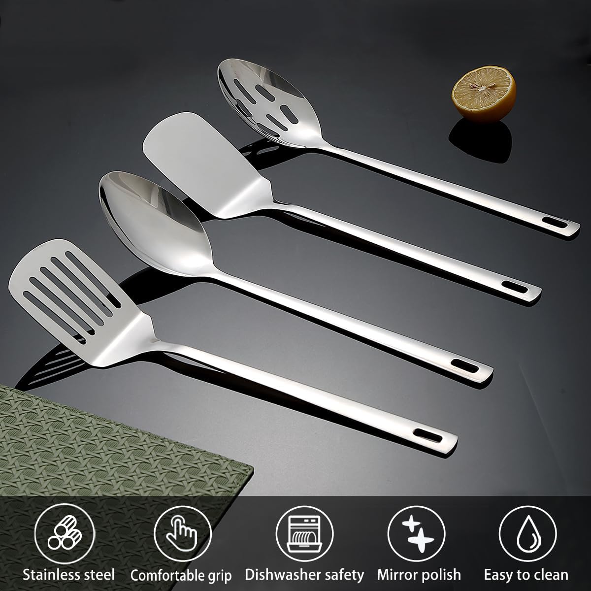 Homquen Stainless Steel Kitchen Utensils Set 4pcs, Cooking Utensils Set, Kitchen Tools Spatulas Set, Cooking Spoons, Home Essentials Kitchen Gadgets Accessories