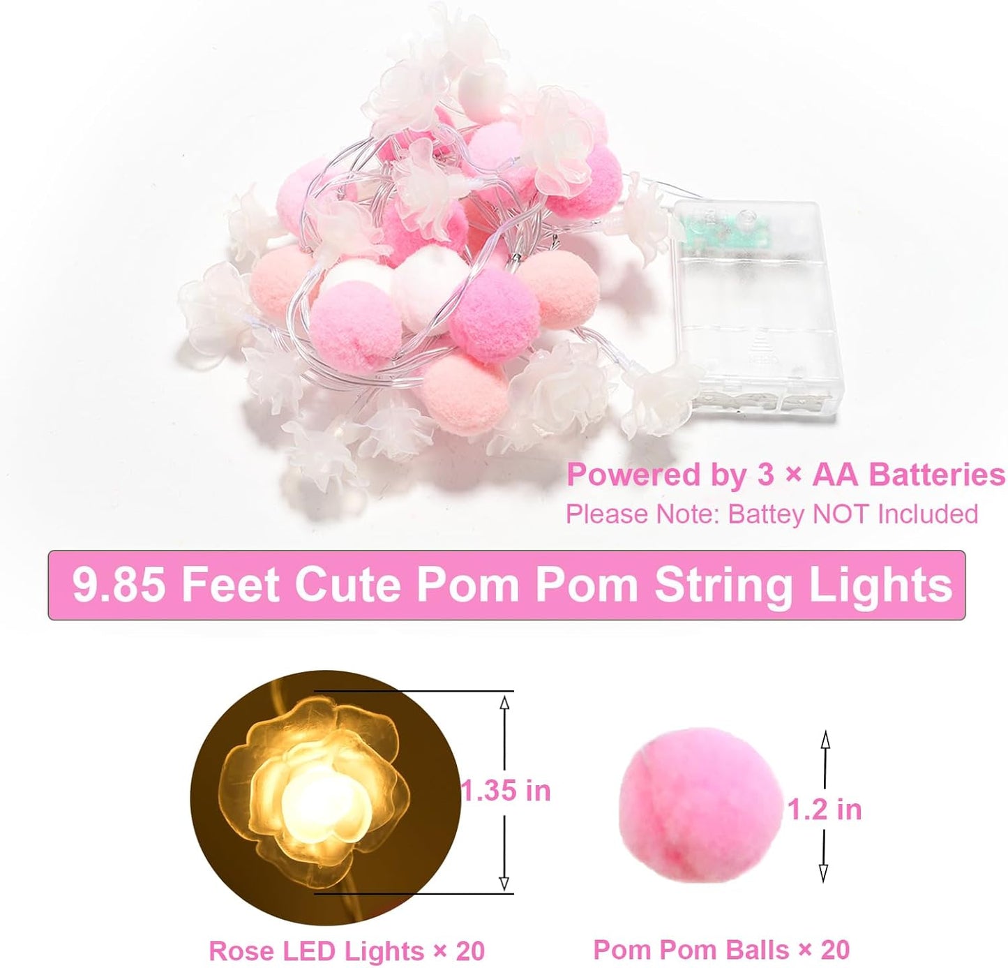 9.85Ft String Lights 20 Cute Pink Pompoms 20 LEDs Rose Fairy Lights Garland Battey Operated with Timer Flower Lights for Bedroom Kids Room Party Birthday Wedding Valentines Decorations