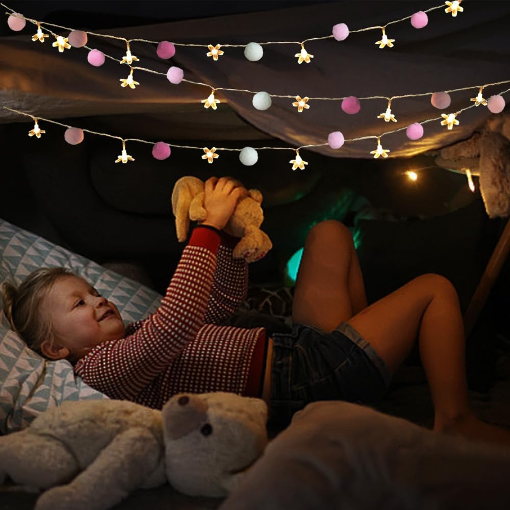 9.85Ft Fairy Lights 20 Cute Pink Pompoms 20 LEDs Cherry Blossom String Garland Battey Operated with Timer Flower Lights for Bedroom Kids Room Party Birthday Wedding Valentines Decoration