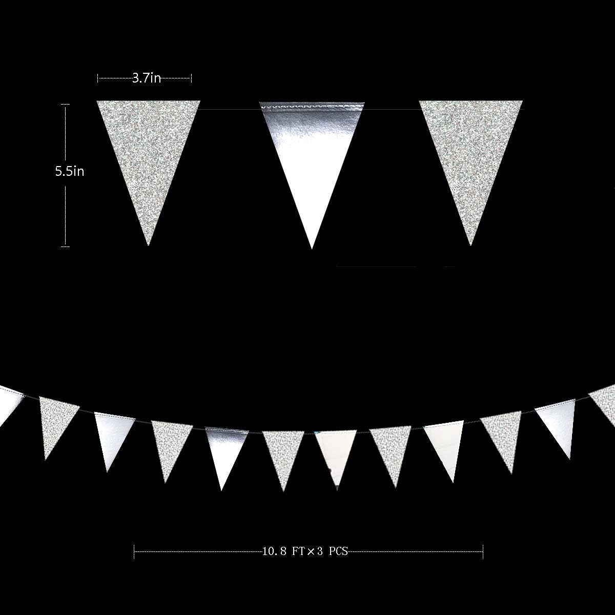 30 Ft Silver Party Decorations Glitter Metallic Paper Triangle Banner Flag Garland Pennant Bunting for Graduation Wedding Engagement Anniversary Bachelorette Birthday Baby Bridal Shower Party Supplies
