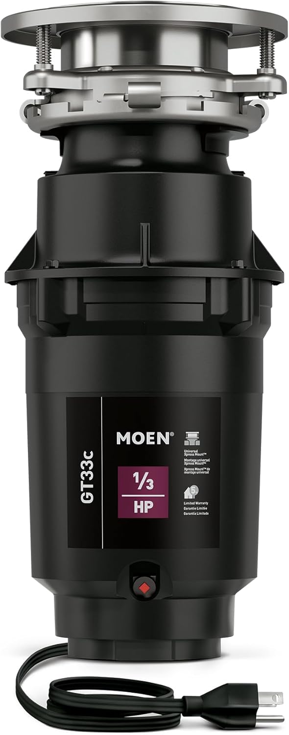 Moen GT33C Lite Series 1/3 Horsepower Continous Feed Garbage Disposal featuring Fast Track Technology, Power Cord Included