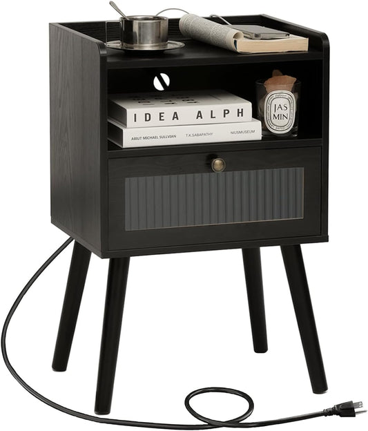 AWASEN Black Nightstand with Charging Station, Modern Bedside Table with Glass Decorative Drawer, Small End Table Side Table with 2 Tiers Storage Space, for Bedroom, Office and Small Space (Black)