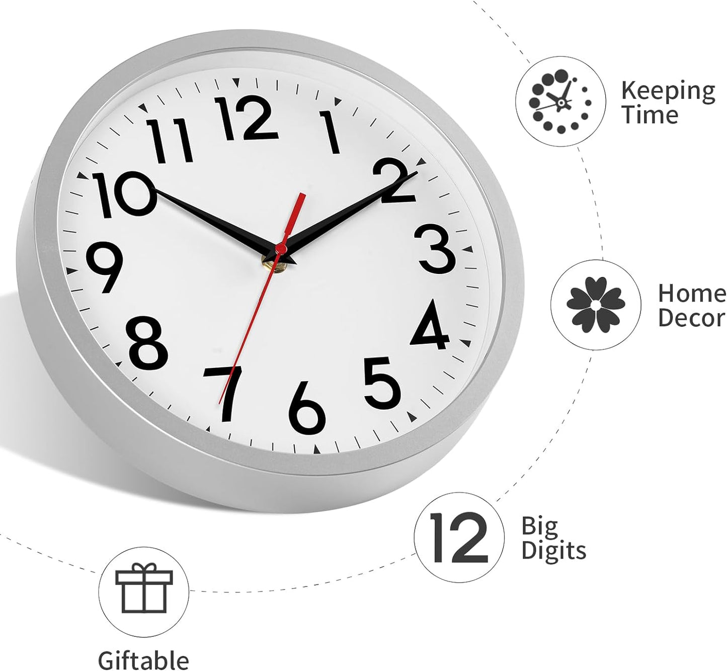 Wall Clock Modern Battery Operated 10 Inch Simpel Silent Non Ticking Decorative for Kitchen Office Outdoor Bedroom Living Room School Classroom(Silver)